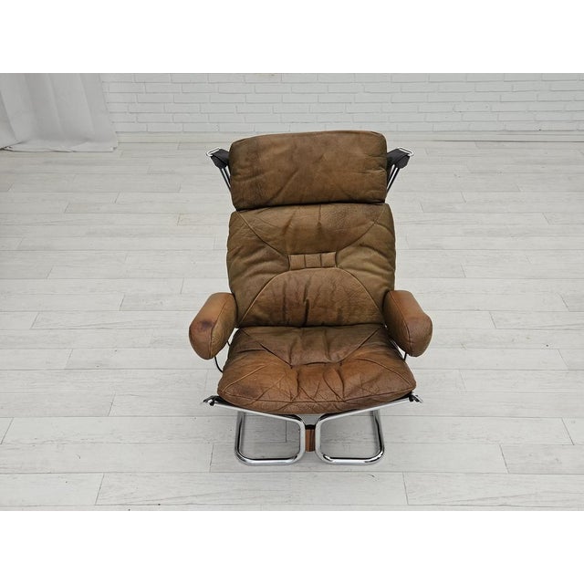 Norwegian Armchair in Leather, Chrome Steel, Teak Wood & Canvas by Harald Relling for Westnofa, 1970s For Sale - Image 6 of 18