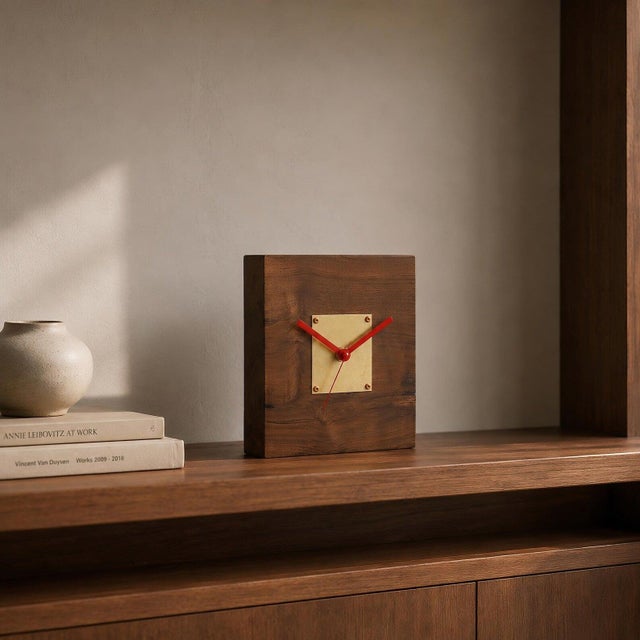 Wood Late 20th Century Solid Walnut Desk Clock With Brass Center Plate For Sale - Image 7 of 12