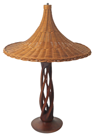 Large Table Lamp in Turned Wood with Braided Wicker Lampshade, Germany, 1930s
