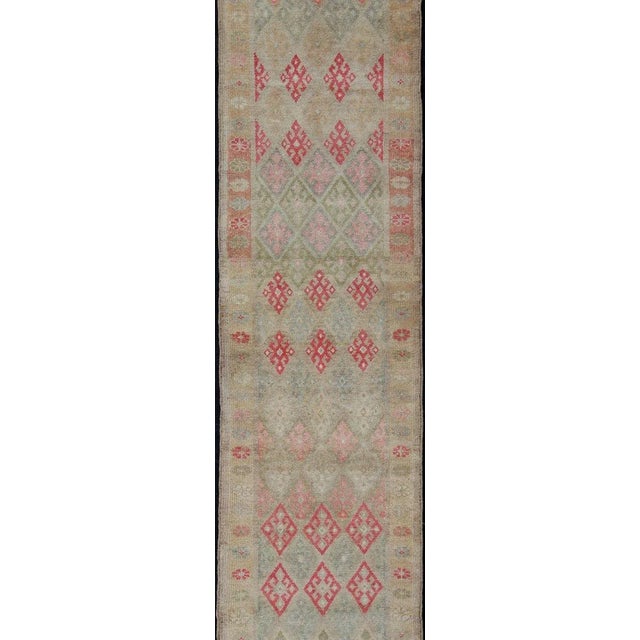Hand Knotted Turkish Kurdish Runner With Diamond Design in Gray, Taupe, Red For Sale - Image 13 of 13