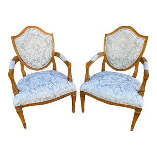 Solid Wood Shield Back Accent Arm Chairs in Blue - Set of 2 For Sale