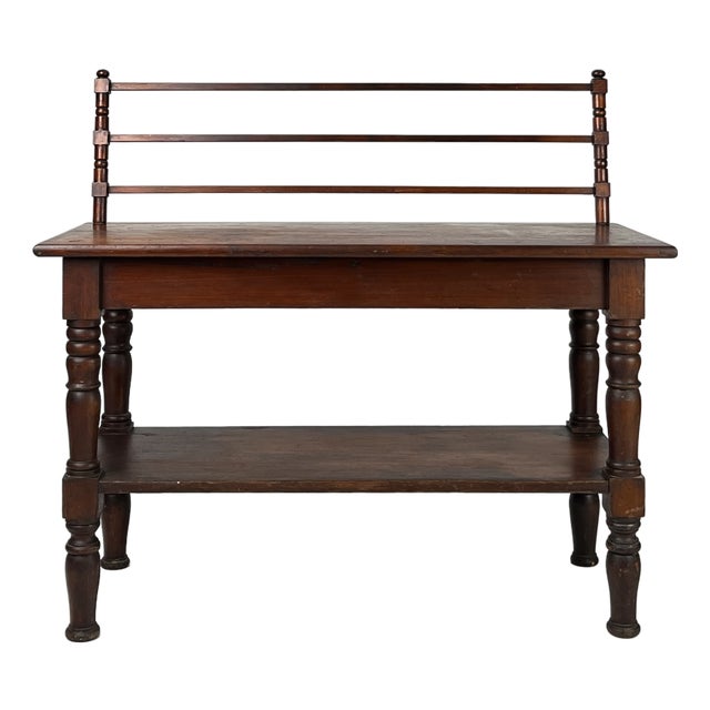 Antique Rustic Wood Baker's Rack / Wash Stand With Slotted Gallery & Lower Shelf For Sale