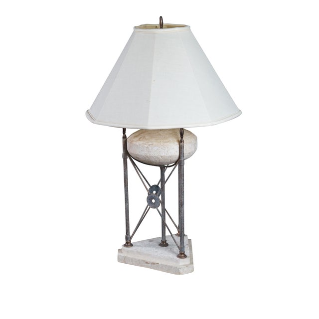Vintage Neoclassical Directoire Style Travertine Stone & Iron Buffet Table Lamp For Sale - Image 4 of 11
