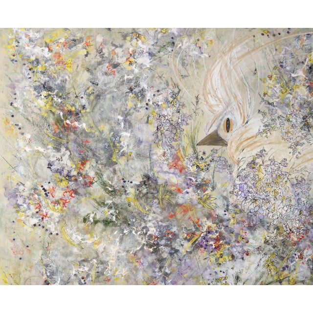 Abstract Hidden in the Flowers - Abstract Bird in Acrylic on Threaded Paper by Judith W Winslowpa For Sale - Image 3 of 5