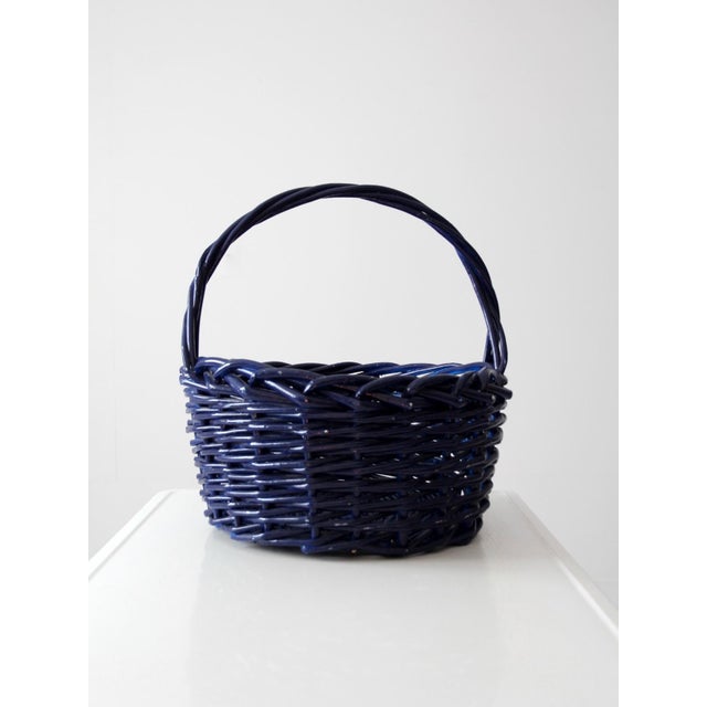 Shabby Chic Large Vintage Blue Wicker Basket With Handle For Sale - Image 3 of 13