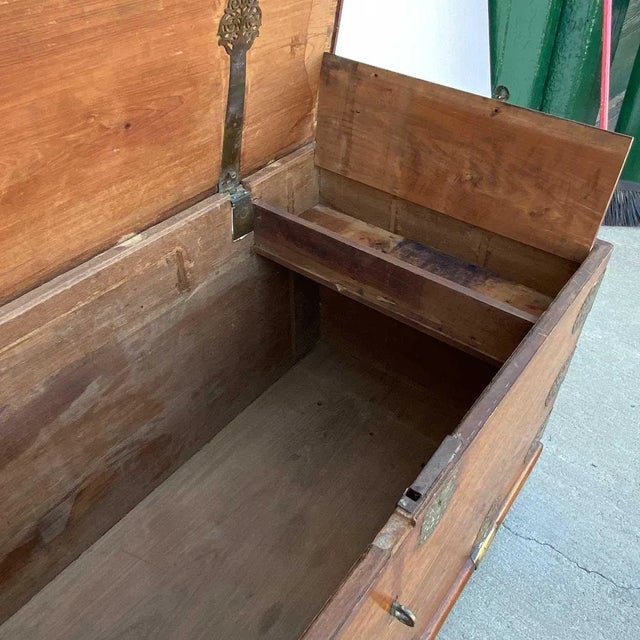Mid 18th Century Indo-Portuguese Goan Brass Mounted Teak Storage Trunk on Wheels For Sale - Image 11 of 17