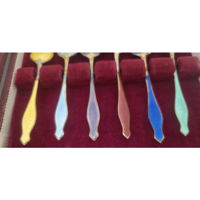 Metal 1950s Gustav Hellstrøm Norway Sterling Guilloché Enamel Vermeil Demitasse Spoons, Set of 6 in Original Case For Sale - Image 7 of 11