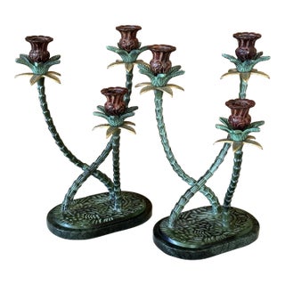 Coastal Metal Tole Malachite Palm Tree Candle Holders-Pair For Sale