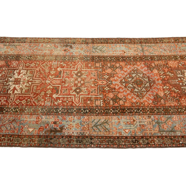 Rust Antique Handmade Heriz Wool Runner With Tribal Design For Sale In New York - Image 6 of 7