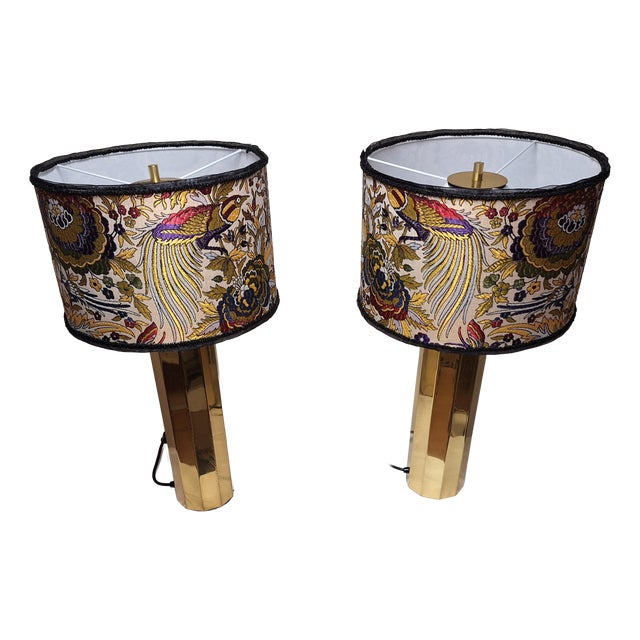 Large Vintage Table Lamps with Brass Base and Fabric Shade from Lamplove, 1970s, Set of 2 For Sale