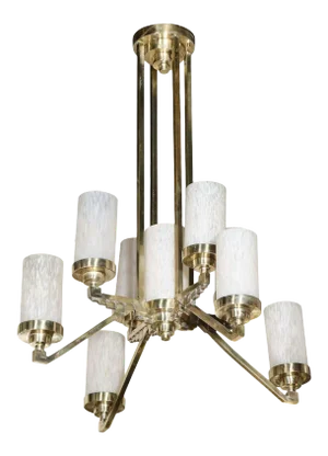 Art Deco Cubist Skyscraper Style Silvered Bronze & Mottled Glass Chandelier