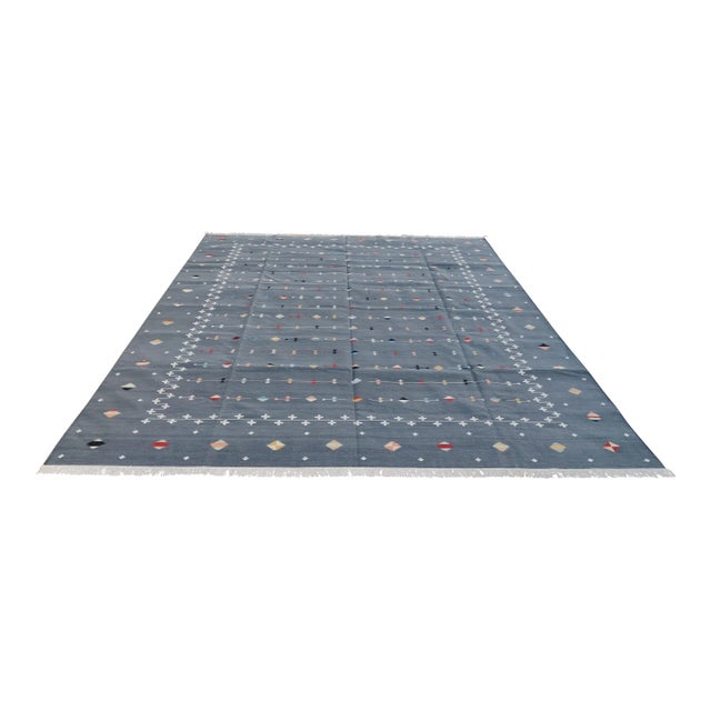 Handmade Cotton Vegetable Dyed Reversible Gray Shooting Star Rug - 9'x12' For Sale