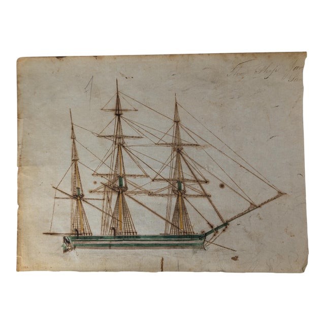 19th Century Folk Art Nautical Sailor Made Drawing of a Ship For Sale