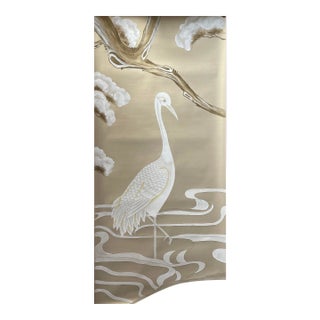Hand‑Painted Oriental Crane Mural Panel, Neutral Tone Wall Art For Sale