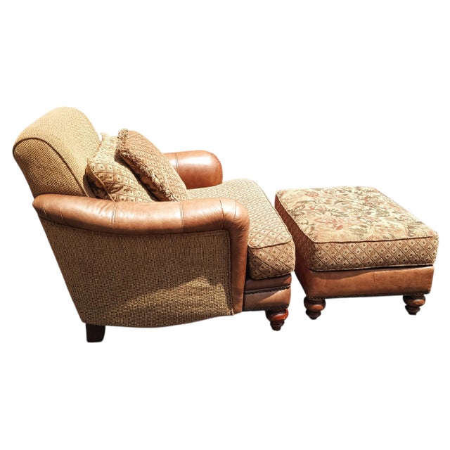 2010s American-Made Luxury Ricardo Leather/Fabric Chair and Ottoman Set by King Hickory. For Sale - Image 5 of 12