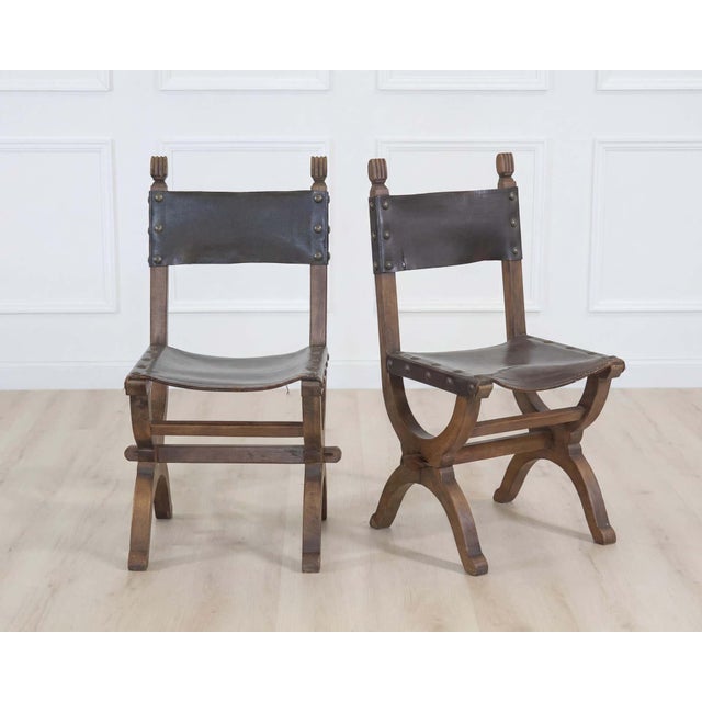 Set of Six Mid-20th Century Spanish Walnut and Leather Dining Chairs For Sale - Image 9 of 9