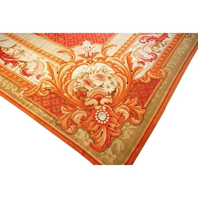 1850s Antique Aubusson French Large Wool Flat Weave Coral Rug For Sale - Image 4 of 9
