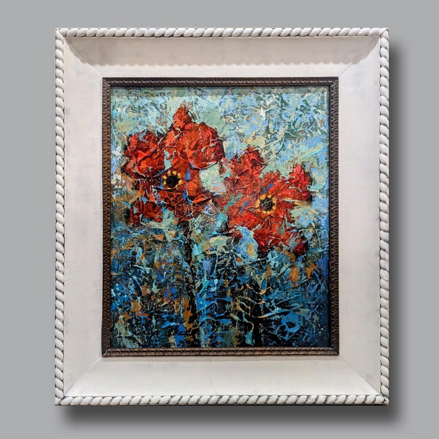 Framed Textured Red Poppy Painting on Canvas from Kanayo Ede Art Atlanta. Hand finished white frame by the artist. Pallet...