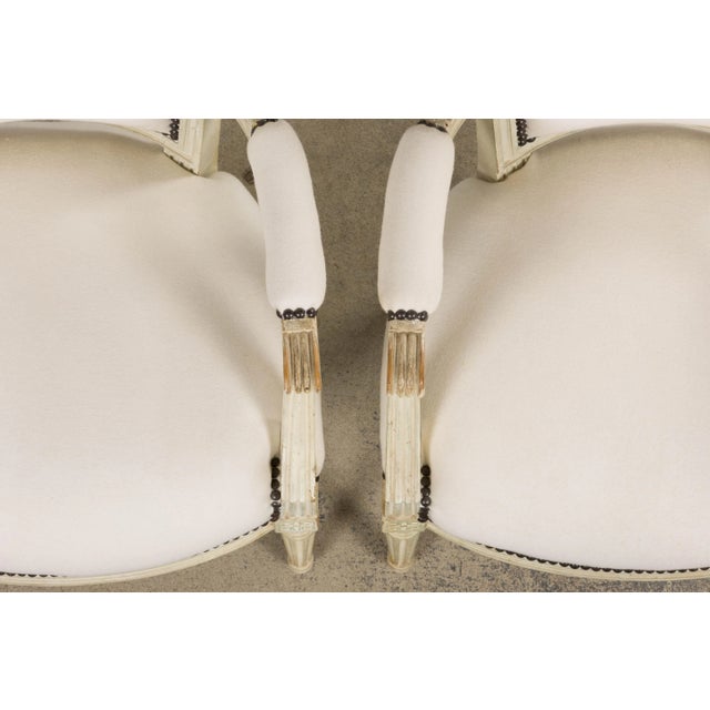 Antique French Louis XVI Painted Armchairs in Off-White Wool - A Pair For Sale - Image 4 of 18