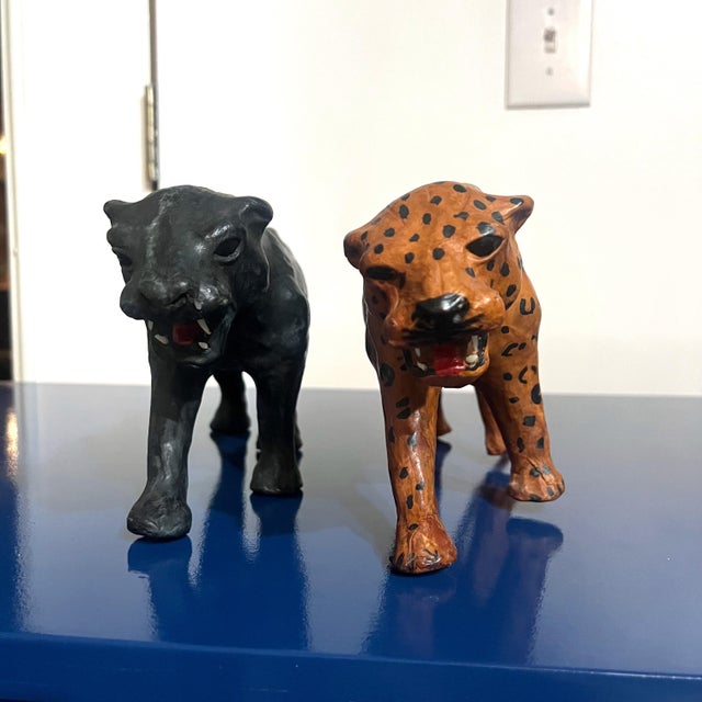 MidCentury Folk Art Leather and Paper Mache Big Cat Figures a Pair