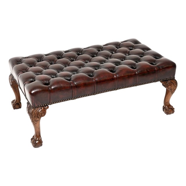 Vintage Chippendale Leather Ottoman, 1930 For Sale