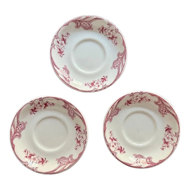 Set of 3 Antique Shenango Inca Ware Pink Floral Transferware Saucers For Sale