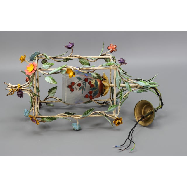 French Tole and Glass Polychrome Pastel Flower Cage Pendant Light, 1950s For Sale - Image 15 of 18