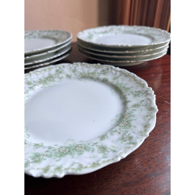 Late 19th Century Elite Works Limoges France Porcelain Salad Plates (9) Green Floral Garland Scalloped Edge For Sale In New York - Image 6 of 9