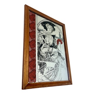 Vintage Art Nouveau Mirror with Christmas Noel Illustration by Alphonse Mucha, 1960s For Sale