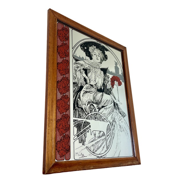 Vintage Art Nouveau Mirror with Christmas Noel Illustration by Alphonse Mucha, 1960s For Sale