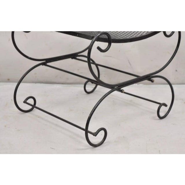 Mid 20th Century Vintage Hollywood Regency Black Wrought Iron Curule Scrolling Bench For Sale - Image 11 of 12