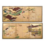 Pair Japanese Edo Six Panel Screens Legend of Minamoto For Sale