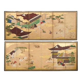 Pair Japanese Edo Six Panel Screens Legend of Minamoto For Sale