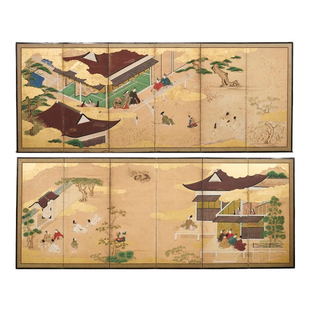 Pair Japanese Edo Six Panel Screens Legend of Minamoto For Sale