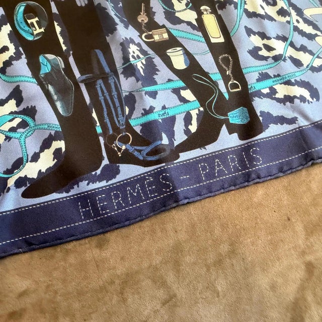 A 2000s Monsieur Et Madame Blue Silk Square Scarf by Hermès For Sale - Image 11 of 14