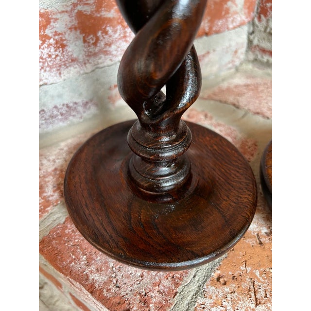 Pair Set Antique English Oak Open Barley Twist Candlesticks Candle Holder Brass For Sale - Image 9 of 12