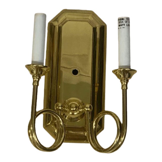 Vintage Brass Hunting Horn Double Candle Wall Sconce Equestrian Decor For Sale