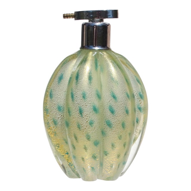 Murano Seguso Gold Flecks Teal Dot Pattern Vintage Italian Art Glass Perfume Atomizer Bottle For Sale