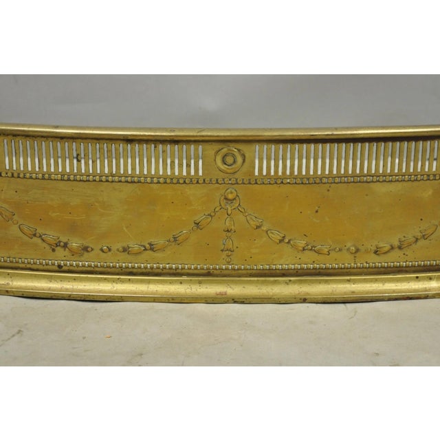 Gold Antique English Victorian Serpentine Drape & Bellflower Brass Fireplace Fender For Sale - Image 8 of 14