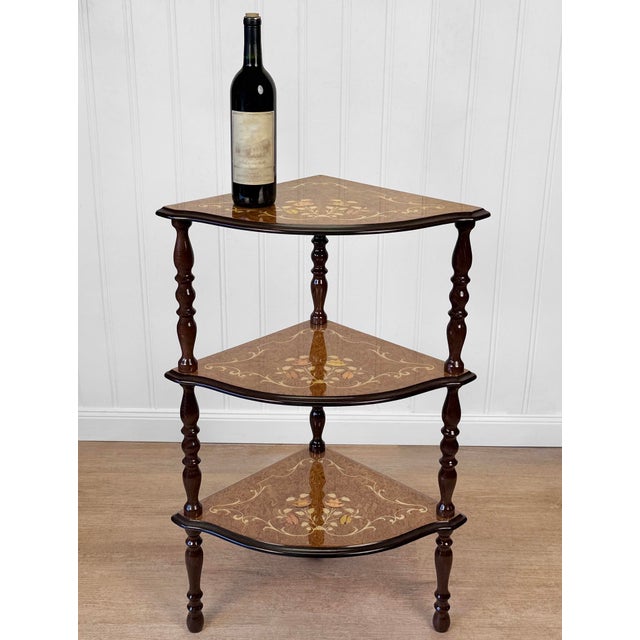 Rococo Vintage Italian Rococo Marquetry Fruitwood 3-Tier Corner Shelf For Sale - Image 3 of 13