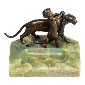 Stunning Solid Bronze Antique Sculpture Statue Cherub and Panther Onyx Base Catchall