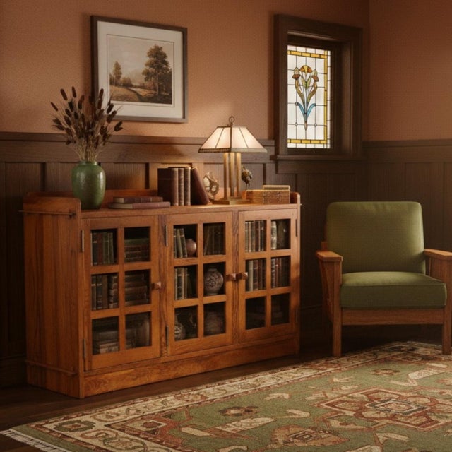 "Preorder on only Michael's Cherry Stain: ETA 03.25.26 This Mission Oak 3 Door Console in Michael's Cherry (MC1) combines...