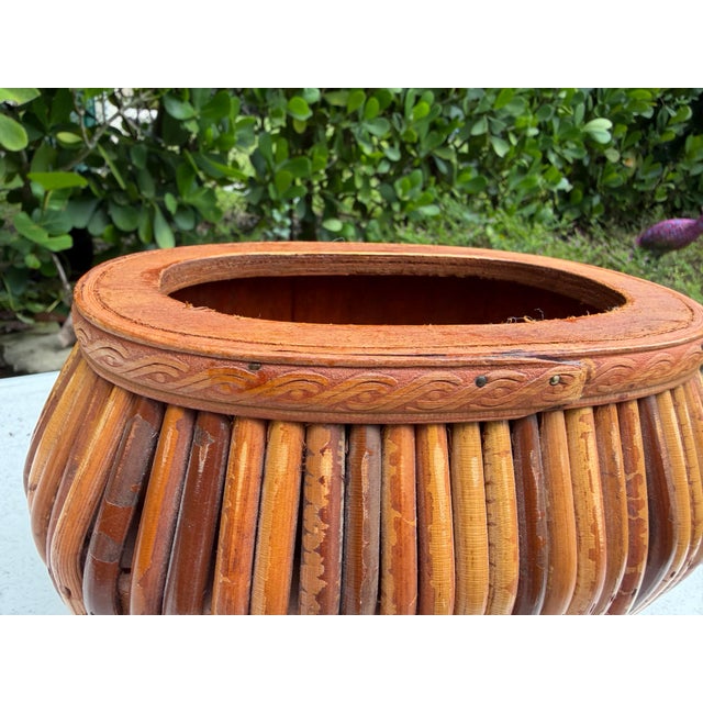 Vintage Rattan Cachepot With Decorative Wood Trim For Sale In Naples, FL - Image 6 of 12
