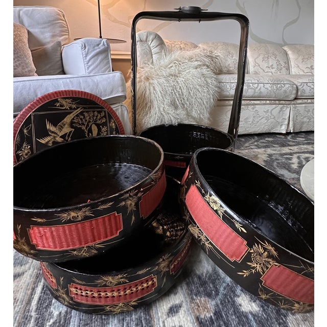 Antique Hand-Woven Chinese Wedding Basket With Lacquered Layers For Sale In San Diego - Image 6 of 18