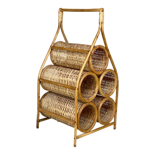 Vintage Boho Coastal Rattan Wicker Sculptural Wine Bottle Rack Holder For Sale