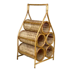 Vintage Boho Coastal Rattan Wicker Sculptural Wine Bottle Rack Holder