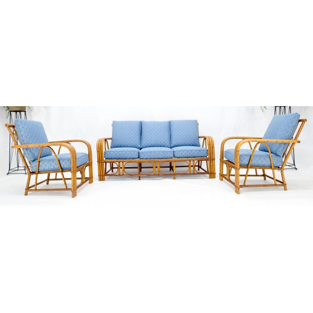 New Linen Upholstery Three Seater Sofa Bamboo Sofa & Pair of Club Chairs For Sale - Image 9 of 12