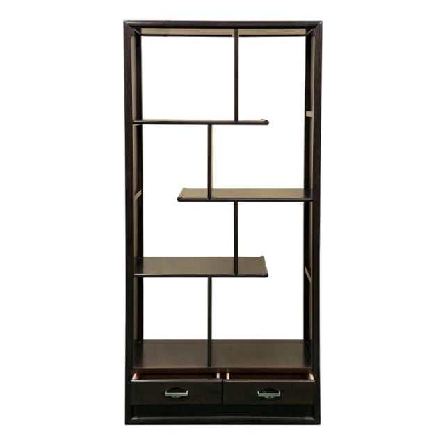 Asian Inspired Asymmetrical Dark Brown Shelving Display Cabinet Divider For Sale