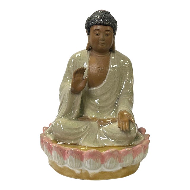 Chinese Ceramic Beige Color Sitting Buddha Amitabha on Lotus Statue For Sale