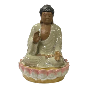 Chinese Ceramic Beige Color Sitting Buddha Amitabha on Lotus Statue
